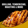A grilled chicken breast is shown, highlighting its suitability for grilling, tenderizing, roasting, and more.