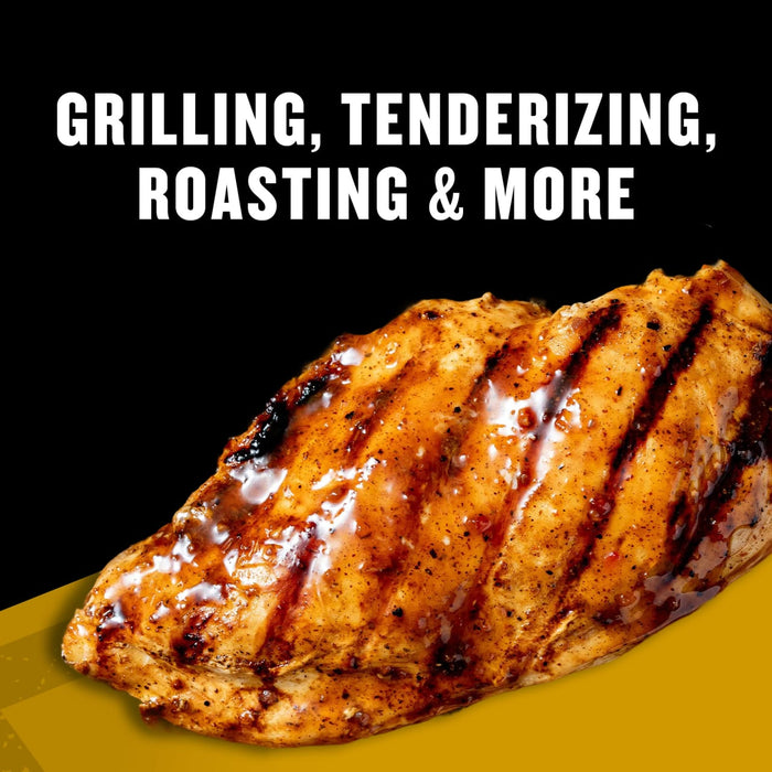 A grilled chicken breast is shown, highlighting its suitability for grilling, tenderizing, roasting, and more.