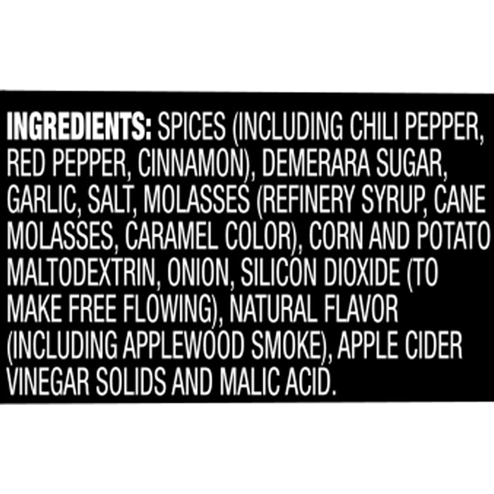 A list of ingredients for a product including spices sugar garlic salt molasses corn potato onion and apple cider vinegar.