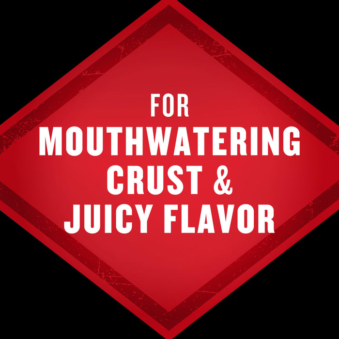 A red diamond shape with white text that reads For Mouthwatering Crust &amp; Juicy Flavor.