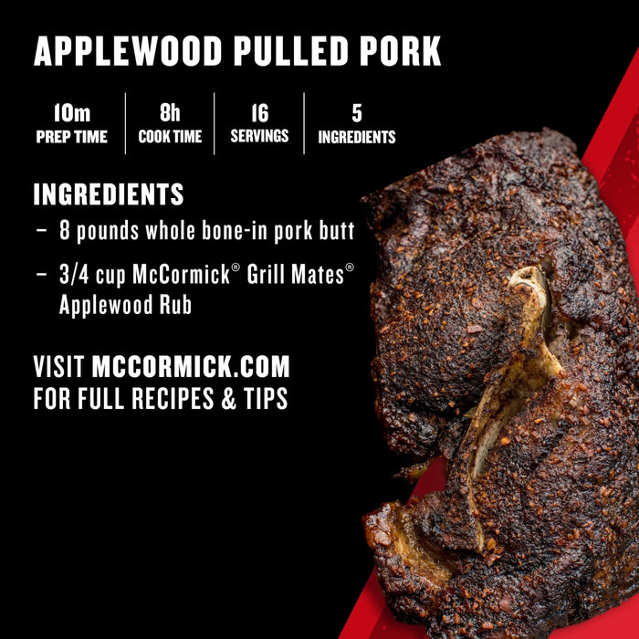 A close-up shot of Applewood Pulled Pork seasoned with McCormick Grill Mates Applewood Rub, highlighting the recipe's key ingredient.