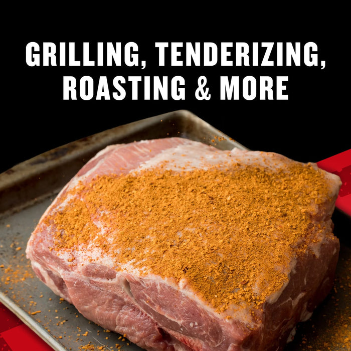 A cut of meat seasoned with a dry rub, suggesting it can be used for grilling, tenderizing, roasting, and more.