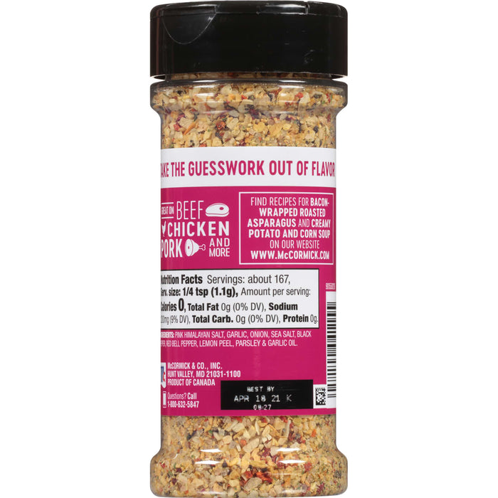 A McCormick seasoning jar with a label that says Great on Beef Chicken &amp; Pork and a list of ingredients.