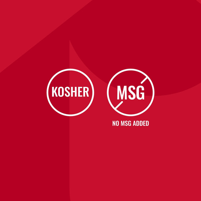 An infographic for Mccormick Himalayan Pink Salt Pepper And Garlic Seasoning Ground 6.5 Oz featuring white circular icons that indicate the product is Kosher and has no MSG added against a red background.