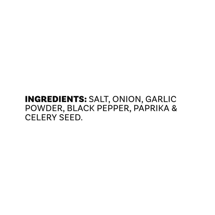 A list of ingredients for Mccormick Himalayan Pink Salt Pepper And Garlic Seasoning Ground 6.5 Oz including salt, onion, garlic powder, black pepper, paprika, and celery seed.