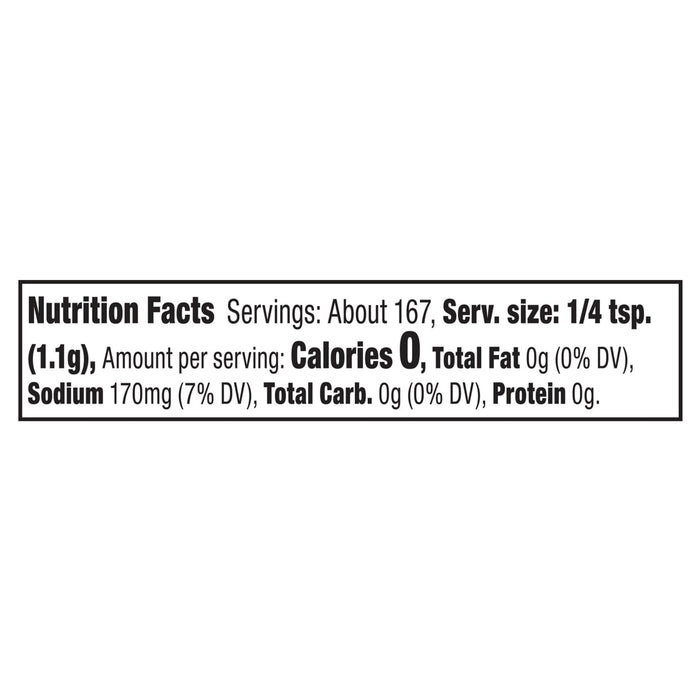 A nutrition facts label for Mccormick Himalayan Pink Salt Pepper And Garlic Seasoning Ground 6.5 Oz showing zero calories and 170 milligrams of sodium per serving.
