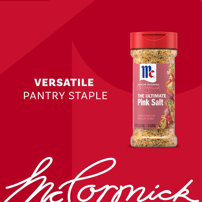 A bottle of Mccormick Himalayan Pink Salt Pepper And Garlic Seasoning Ground 6.5 Oz is displayed against a red background as a versatile pantry staple for iconic flavor.