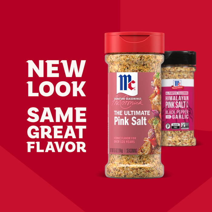 A promotional graphic featuring the new packaging for Mccormick Himalayan Pink Salt Pepper And Garlic Seasoning Ground 6.5 Oz alongside its previous design to highlight the updated look with the same great flavor.