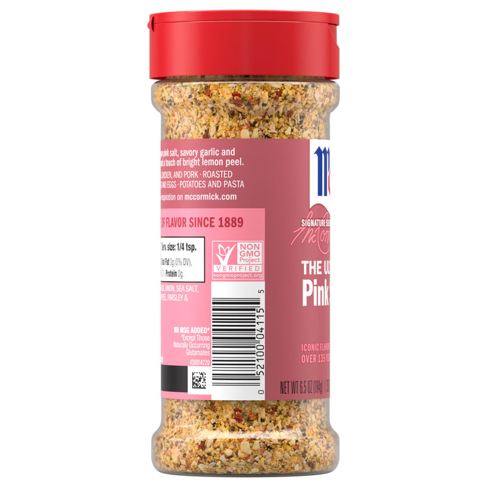 A clear plastic bottle of Mccormick Himalayan Pink Salt Pepper And Garlic Seasoning Ground 6.5 Oz is shown, featuring a red cap and a pink label that highlights its key ingredients and Non-GMO verification.