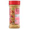A clear bottle of Mccormick Himalayan Pink Salt Pepper And Garlic Seasoning Ground 6.5 Oz is shown with a red cap, featuring a serving suggestion of seasoned chicken skewers on the label.
