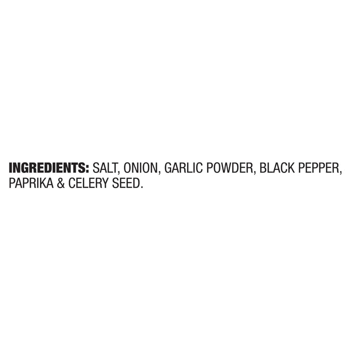 The ingredient list for Mccormick Himalayan Pink Salt Pepper And Garlic Seasoning Ground 6.5 Oz is shown, listing salt, onion, garlic powder, black pepper, paprika, and celery seed.