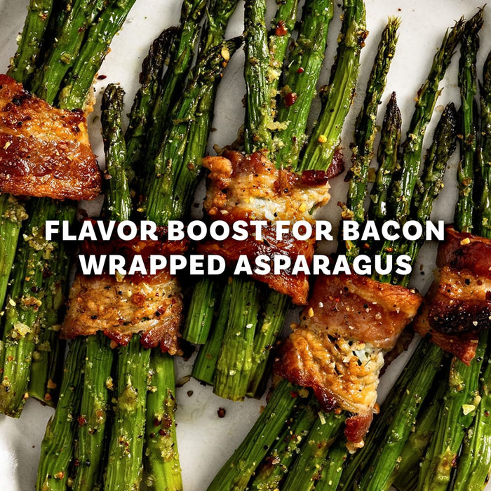 Bundles of roasted asparagus wrapped in crispy bacon are seasoned with Mccormick Himalayan Pink Salt Pepper And Garlic Seasoning Ground 6.5 Oz for a savory flavor boost.