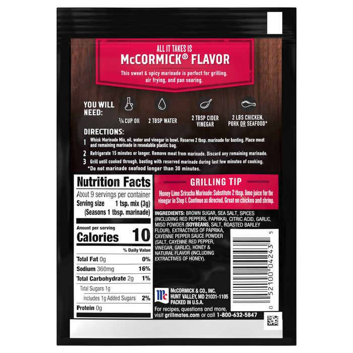 McCormick Grill Mates Honey Lime Sriracha Marinade package with nutrition facts and grilling tips.