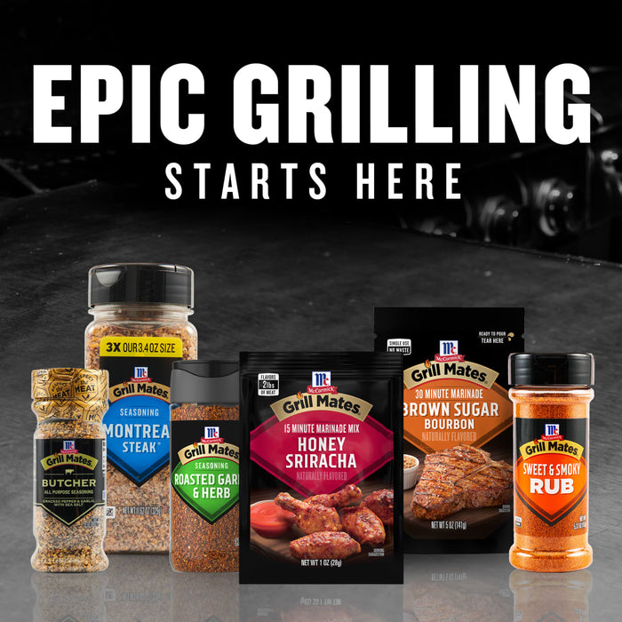 A variety of Grill Mates seasonings are displayed under the headline Epic Grilling Starts Here.