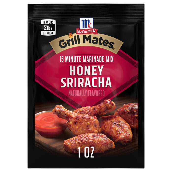 A package of McCormick Grill Mates Honey Sriracha 15 Minute Marinade Mix is displayed, showcasing seasoned chicken pieces.