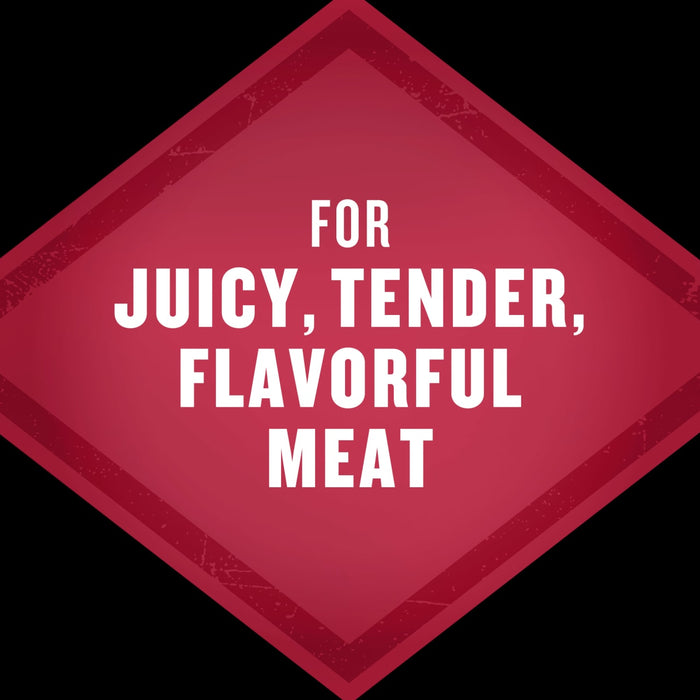 A red diamond shape with the text For Juicy, Tender, Flavorful Meat.
