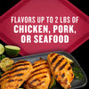 This product flavors up to 2 lbs of chicken, pork, or seafood, as shown in the image of grilled chicken breasts with lime.