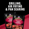 A promotion for Grill Mates Honey Sriracha seasoning, highlighting its versatility for grilling, air frying, and pan searing.