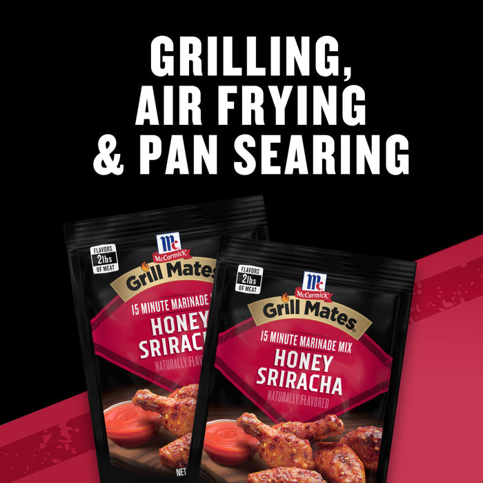 A promotion for Grill Mates Honey Sriracha seasoning, highlighting its versatility for grilling, air frying, and pan searing.