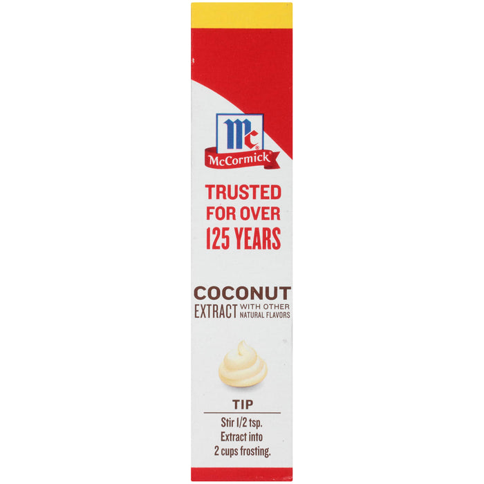 McCormick Coconut Extract packaging with a tip to stir 1/2 tsp. of extract into 2 cups of frosting.