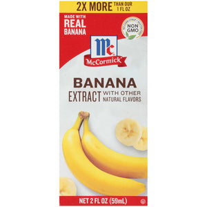 McCormick Banana Extract with other natural flavors 2 fl oz bottle with a picture of bananas.