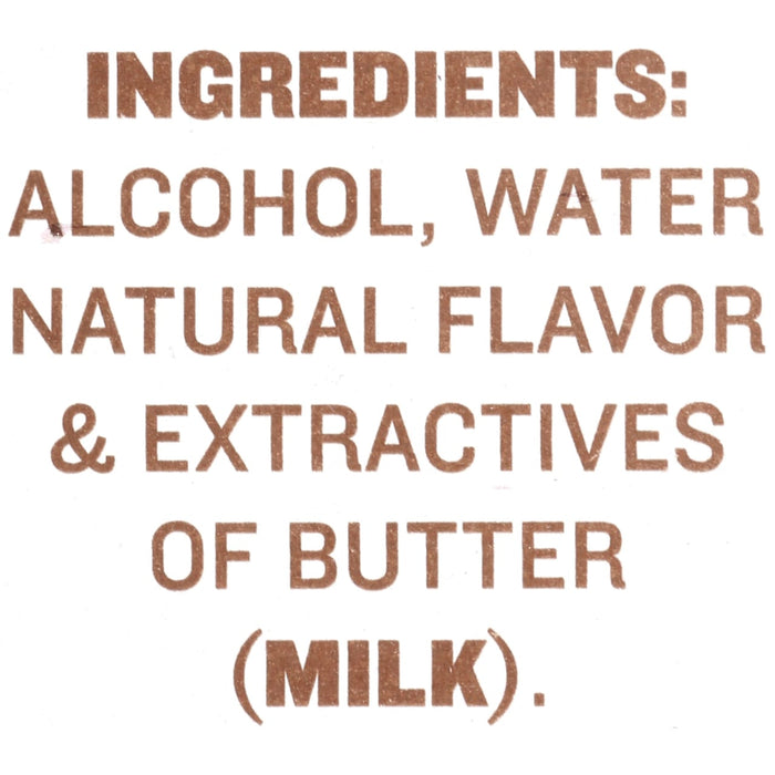 A list of ingredients for a product including alcohol water natural flavor and extractives of butter (milk).