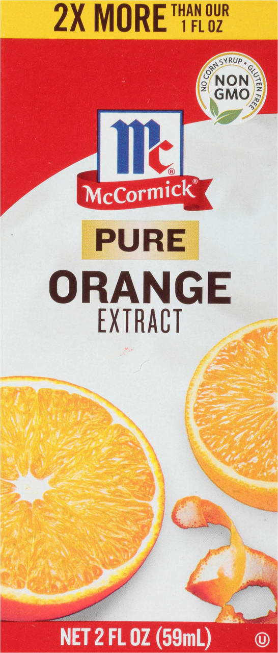 A bottle of McCormick Pure Orange Extract with a label that says 2x more than our 1 fl oz.