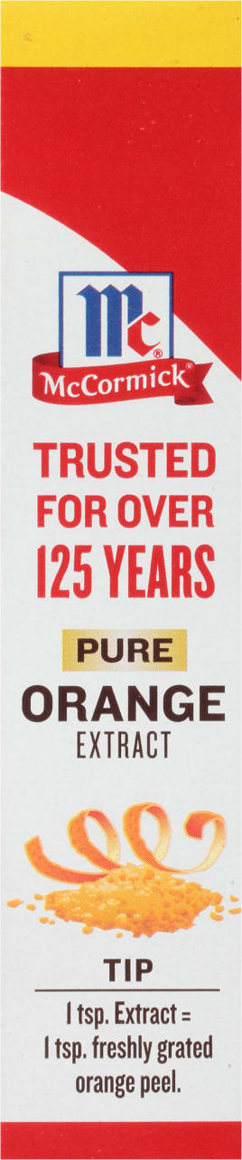 McCormick Pure Orange Extract bottle with a tip that 1 teaspoon of extract is equal to 1 teaspoon of freshly grated orange peel.
