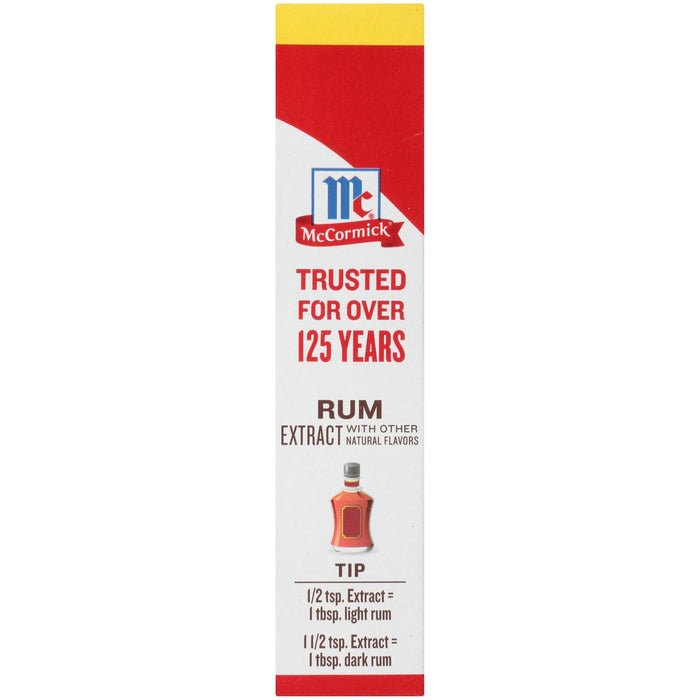 McCormick Rum Extract bottle with a tip on how to use it.