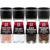 Four McCormick spice grinders Himalayan pink salt sea salt black peppercorn and peppercorn medley.