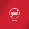A white circle with a diagonal line through it and the word GMO inside with the words NON GMO below.