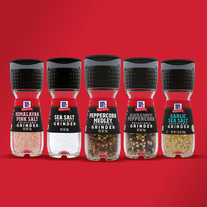 Six McCormick spice grinders including Himalayan Pink Salt Sea Salt Peppercorn Medley Black &amp; White Peppercorn and Garlic Sea Salt.