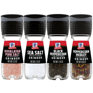 Four McCormick spice grinders Himalayan Pink Salt Sea Salt Black Peppercorn and Peppercorn Medley.