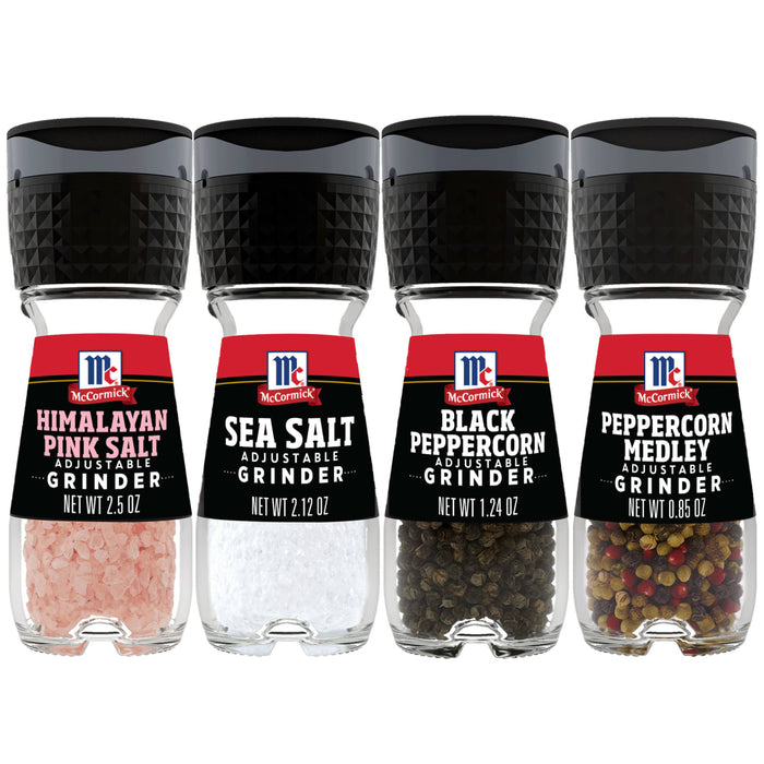 Four McCormick spice grinders Himalayan Pink Salt Sea Salt Black Peppercorn and Peppercorn Medley.
