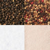 Black peppercorns pink peppercorns white salt and pink salt.
