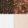 Black peppercorns pink peppercorns white salt and pink salt.