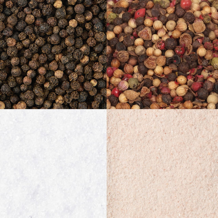 Black peppercorns pink peppercorns white salt and pink salt.