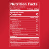 Nutrition facts label for a product with 0 calories and 0% daily value for fat cholesterol sodium carbohydrates sugar and protein.