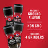 Four McCormick grinders with different spices including Himalayan pink salt sea salt black peppercorn and peppercorn medley.