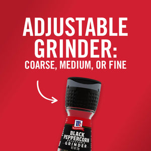 A McCormick Black Peppercorn Grinder with adjustable settings for coarse medium or fine.
