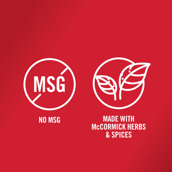 A white logo on a red background shows a circle with a line through it and the letters MSG inside and a circle with a leaf inside with the text No MSG and Made with McCormick Herbs &amp; Spices underneath