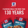 Two McCormick Beef Stew seasoning packets are shown on a red background with the text Flavoring meals for more than 130 years.