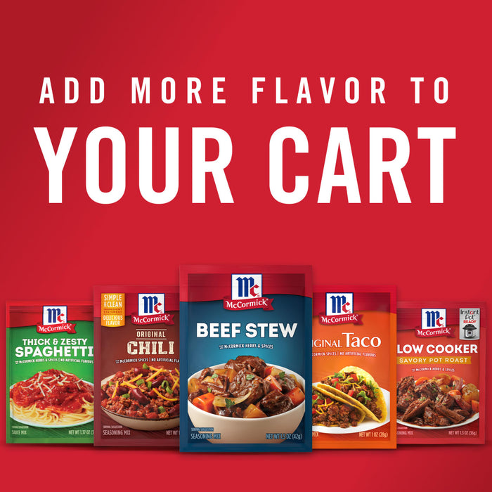 Six McCormick seasoning packets for different dishes including spaghetti chili beef stew taco and pot roast.