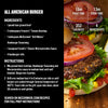 A recipe card for an All American Burger, detailing ingredients including Mccormick Grill Mates Hamburger Seasoning, French's Tomato Ketchup, and French's Classic Worcestershire Sauce, with a delicious burger shown on the right.