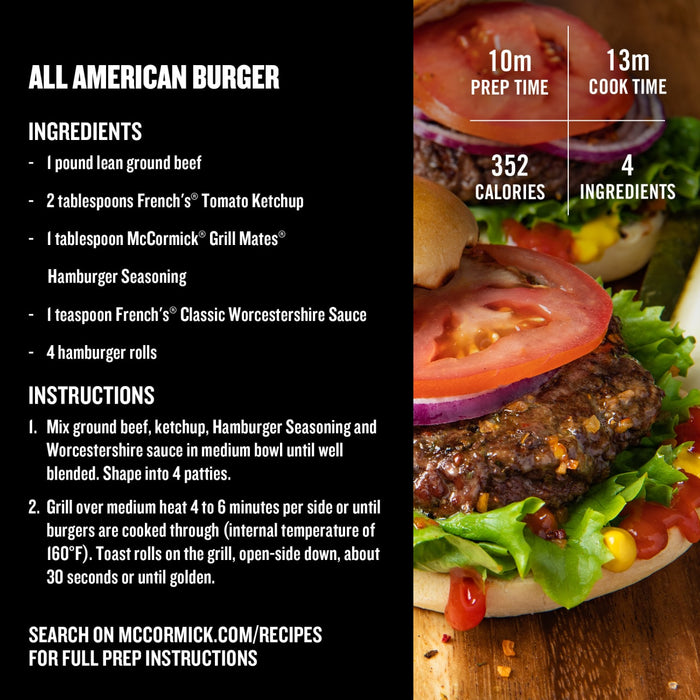 A recipe card for an All American Burger, detailing ingredients including Mccormick Grill Mates Hamburger Seasoning, French's Tomato Ketchup, and French's Classic Worcestershire Sauce, with a delicious burger shown on the right.