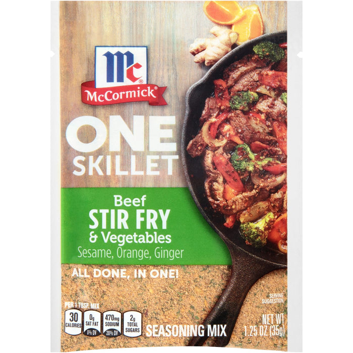 ['McCormick One Skillet Beef Stir Fry &amp; Vegetables seasoning mix package with a picture of the finished dish.']