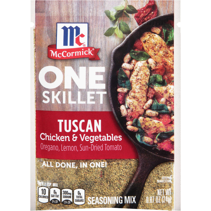 ['McCormick One Skillet Tuscan Chicken &amp; Vegetables seasoning mix package.']