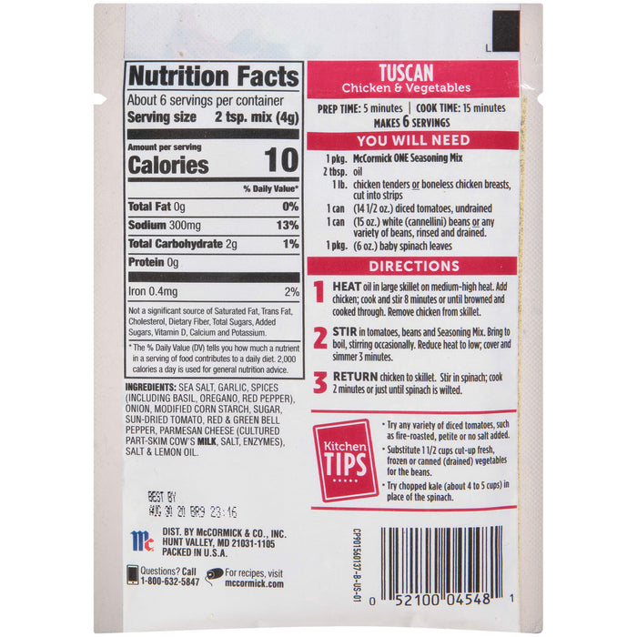 ['McCormick Tuscan Chicken &amp; Vegetables Seasoning Mix package with nutrition facts and directions.']