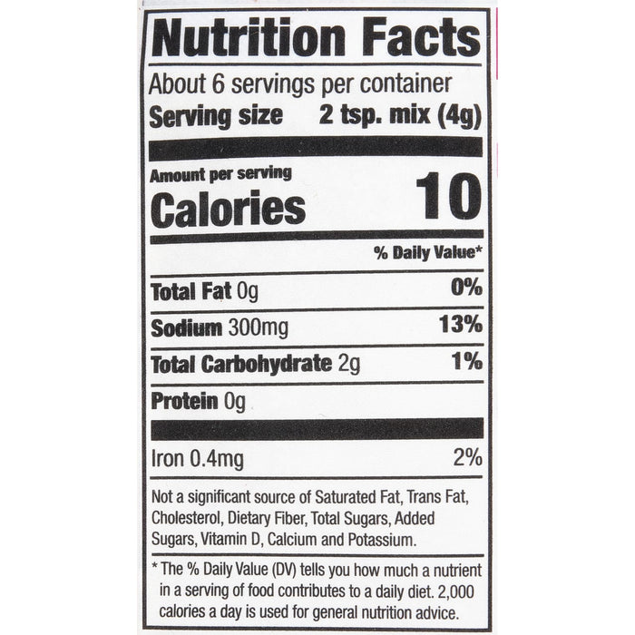 ['Nutrition facts label for a 2 tsp serving of a product, showing 10 calories, 0% fat, 13% sodium, 1% carbs, 2% iron.']