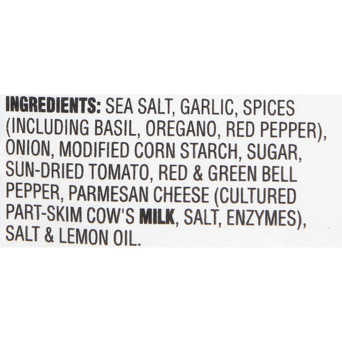 ['A list of ingredients for a product, including sea salt, garlic, spices, and parmesan cheese.']
